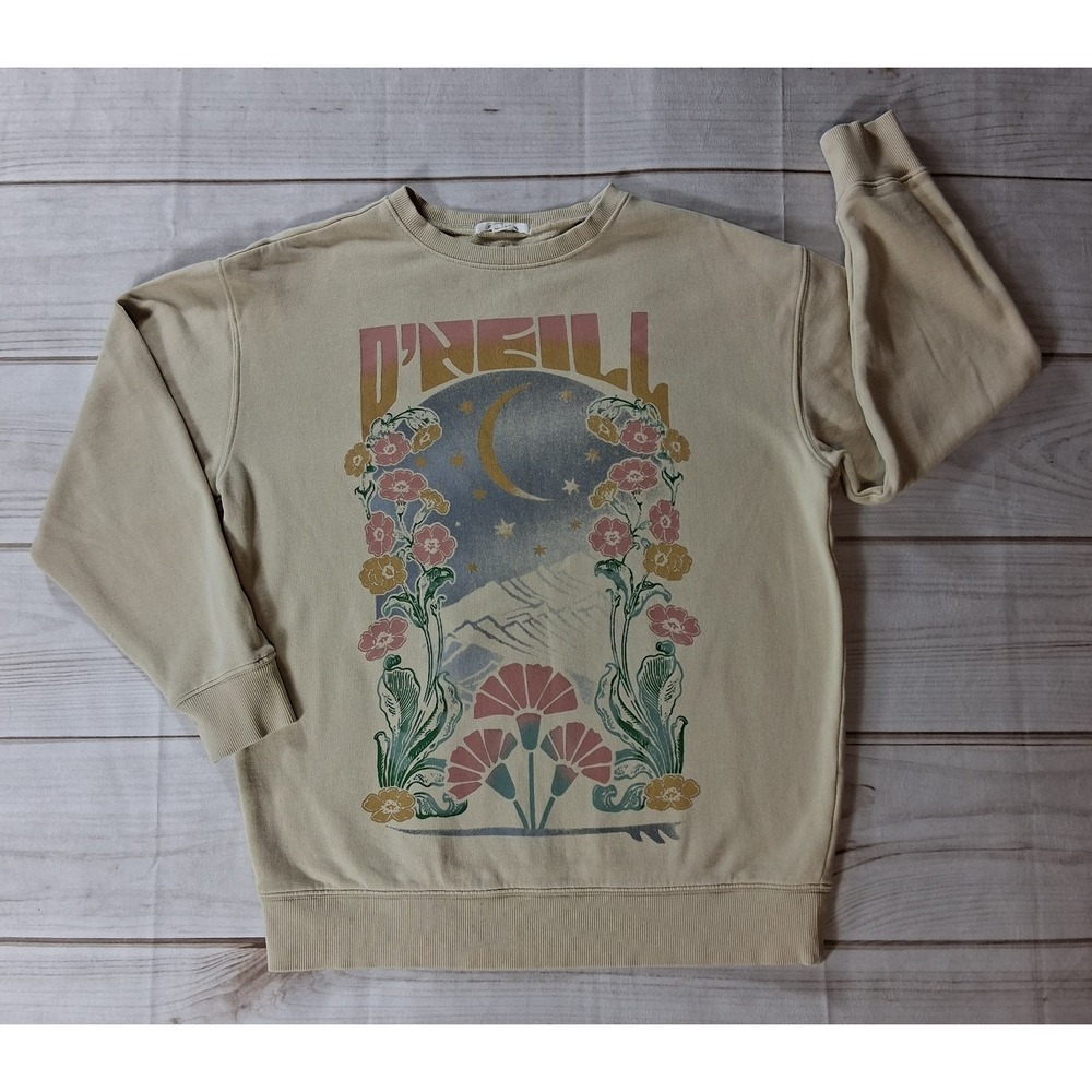 O'Neill Womens Graphic Crewneck Sweatshirt Tan Retro Floral Moon Print S